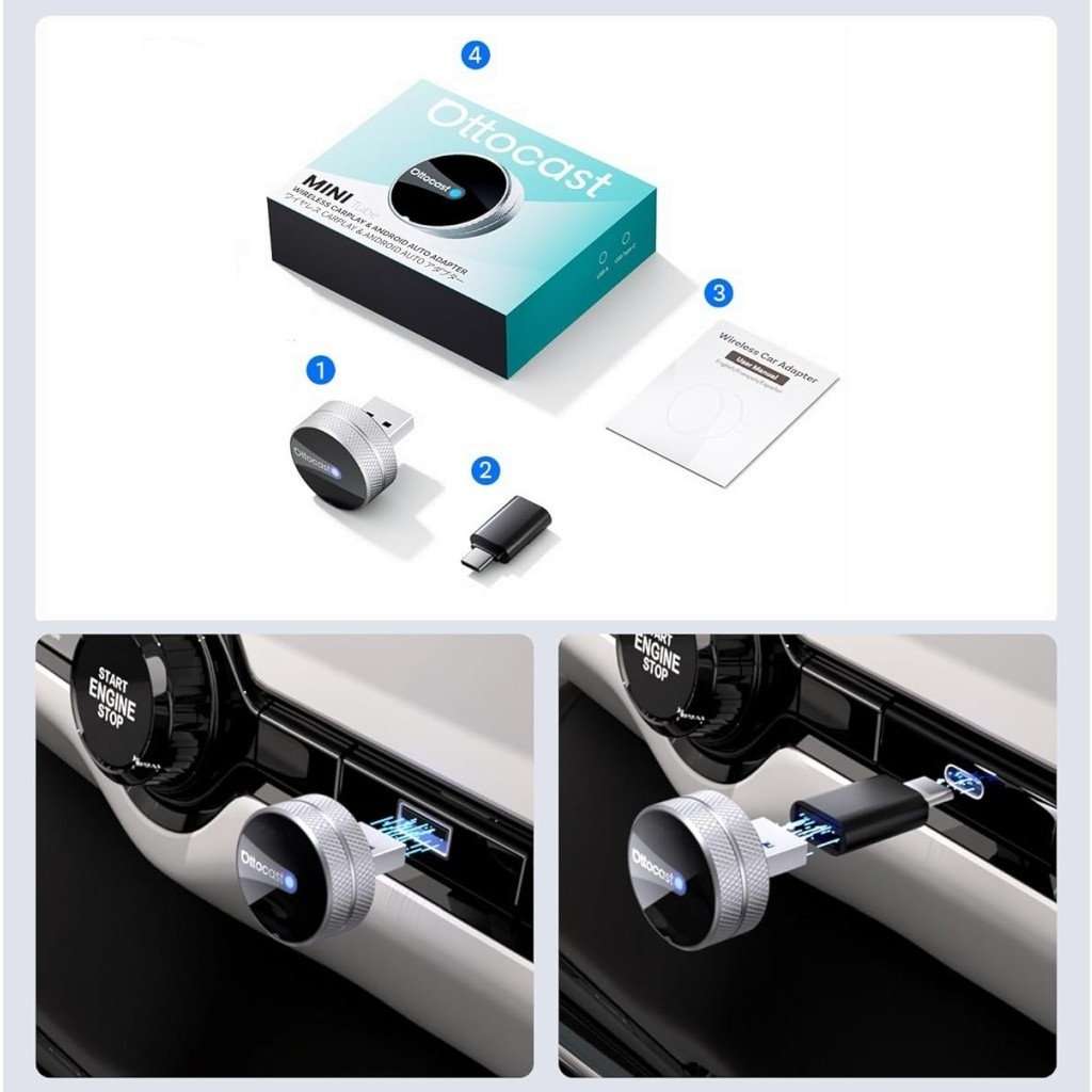 Brezžični adapter Carplay / Android Auto Ottocast Mini Slim Tube za Apple iPhone / Android serijo CP88-T4