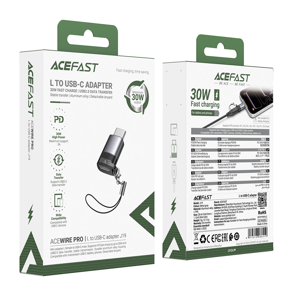 Adapter za podatke in polnjenje Lightning - USB-C Acefast J19, Siv