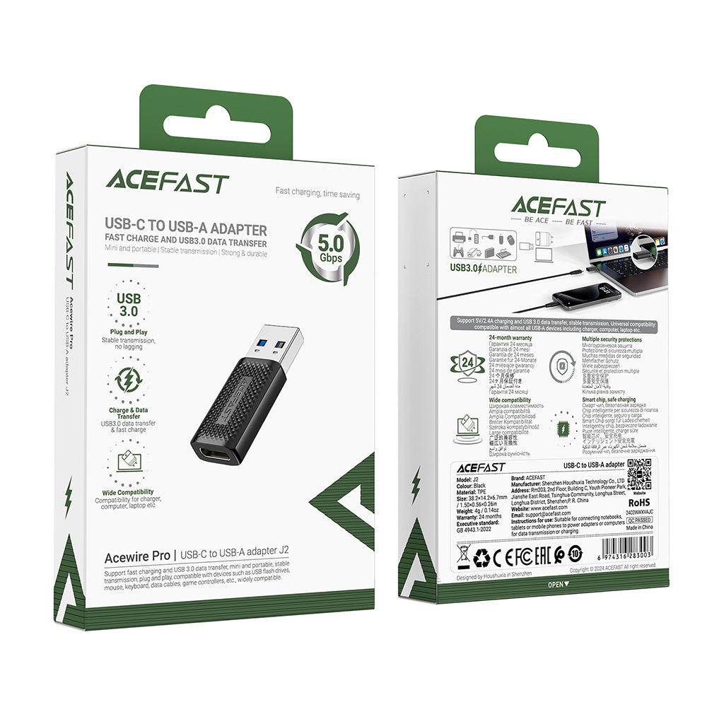 Adapter za podatke in polnjenje USB-C - USB-A Acefast J2, črn