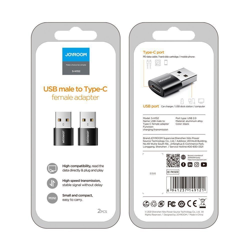 Adapter za podatke in polnjenje USB-C - USB-A Joyroom S-H152, Set 2 kosa, Črn