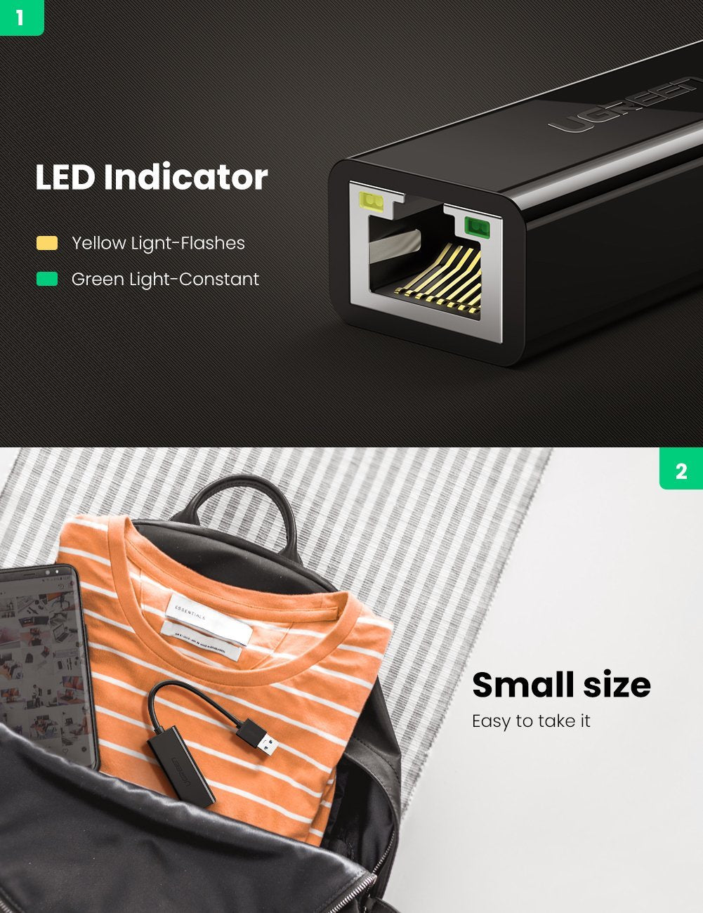 Mrežna kartica UGREEN CR111, RJ45, USB 3.0, Črna