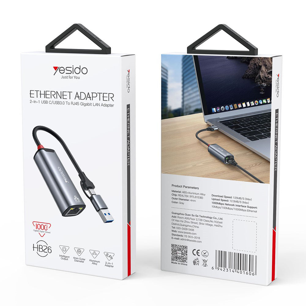 Yesido HB26 Network Card, RJ45, USB / USB-C, Gray