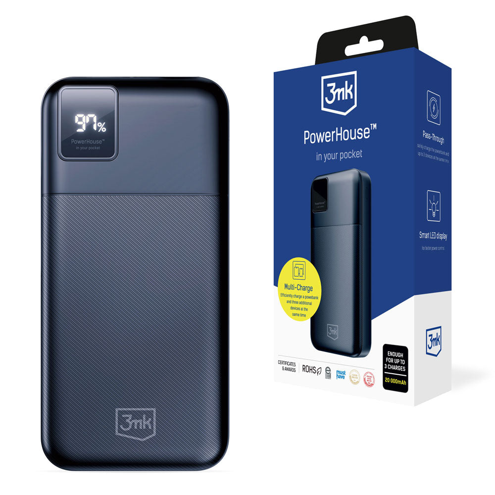 3MK PowerHouse zunanja baterija, 20000 mAh, 22,5 W, QC + PD, 1 x USB-A - 1 x USB-C, črna