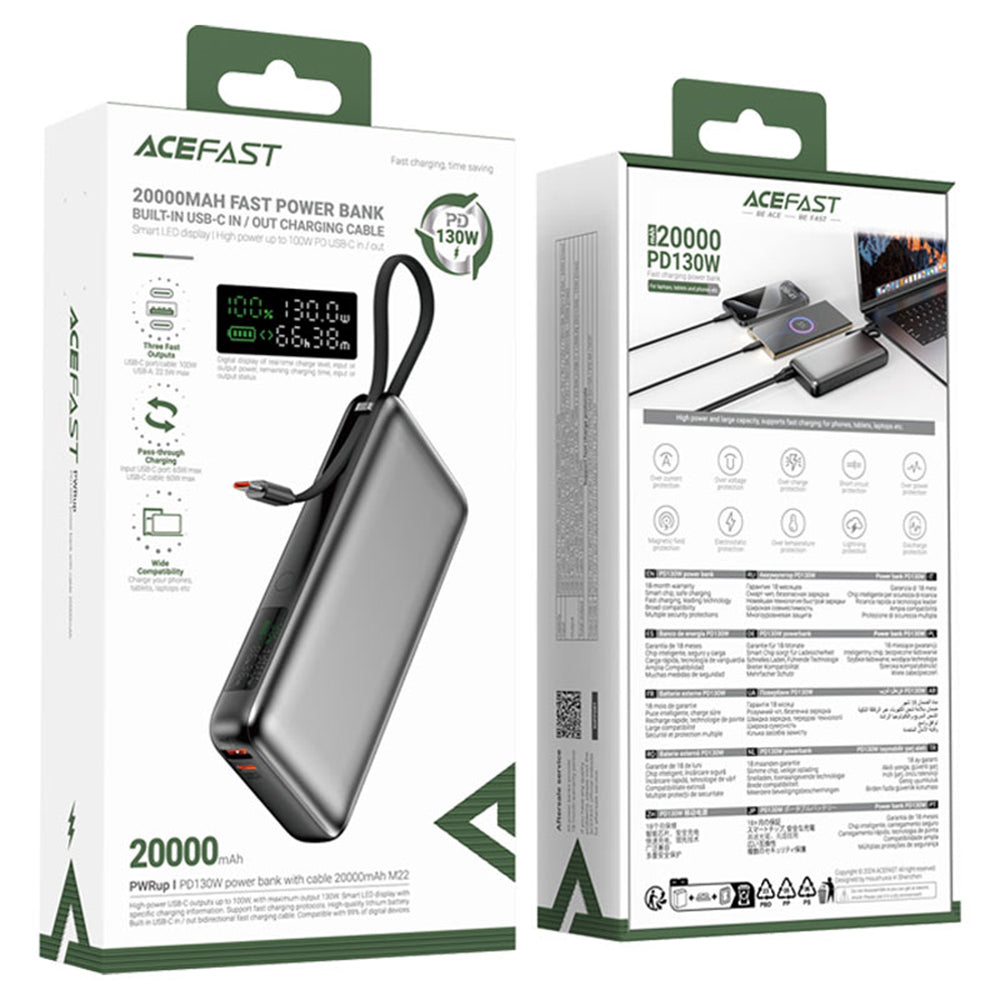 Zunanja baterija Acefast M22, 20000mAh, 130W, QC + PD, 1 x USB-A - 2 x USB-C, črna