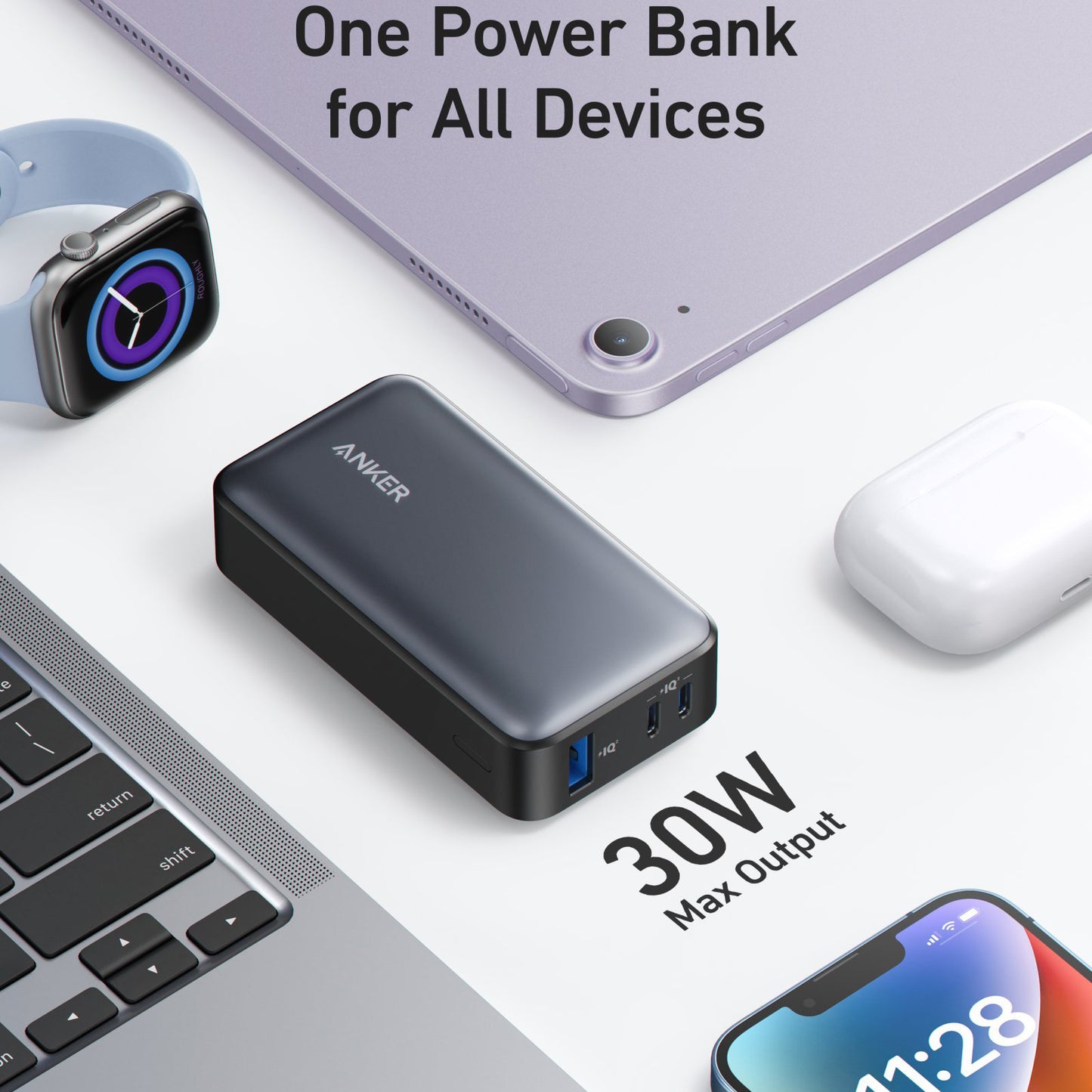 Zunanja baterija Anker 533, 10000mAh, 30W, QC + PD, 1 x USB-A - 2 x USB-C, Črna A1256G11