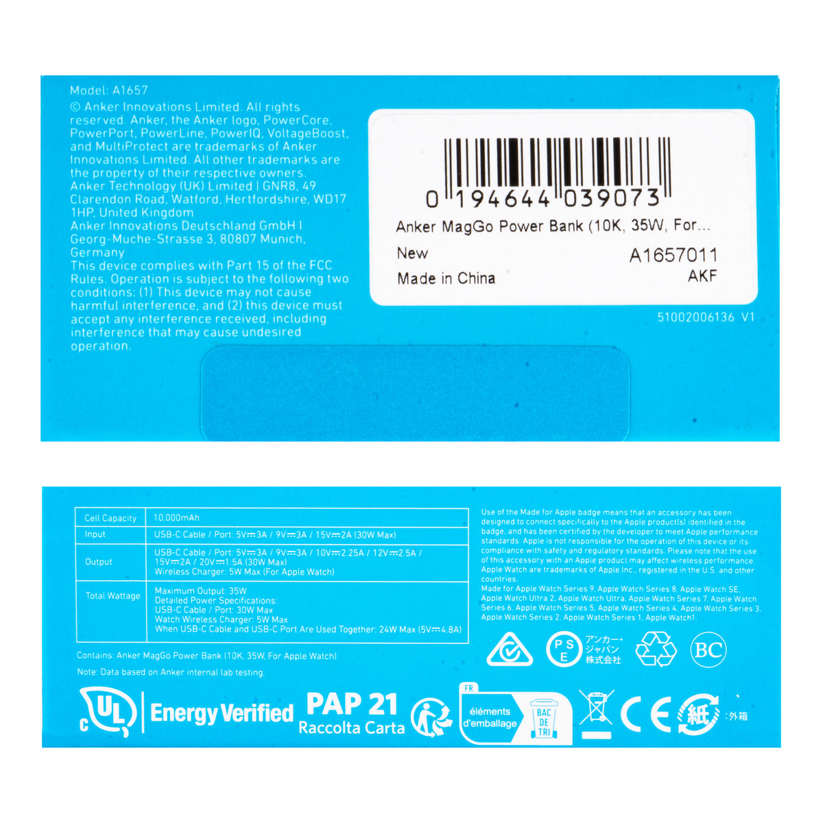 Zunanja baterija Anker MagGo, 10000mAh, 35W, PD + QI, 1 x QI - 2 x USB-C, Črna A1657011