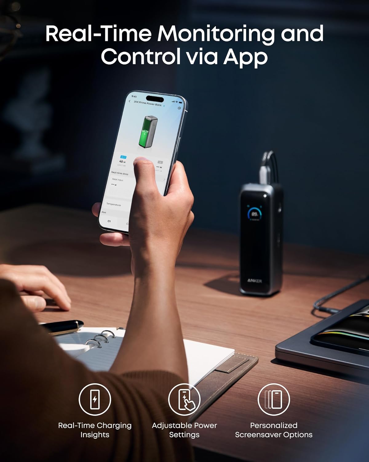 Zunanja baterija Anker Prime, 20100mAh, 220W, QC + PD, 1 x USB-A - 2 x USB-C, Črna A110BH11