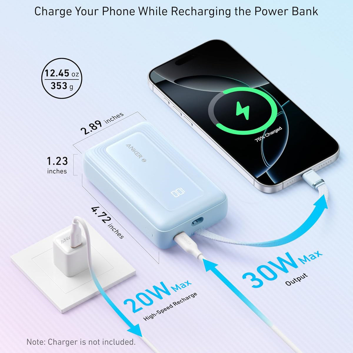 Zunanja baterija Anker Zolo, 20000mAh, 30W, QC + PD, 1 x USB-A - 2 x USB-C, Modra A1689031