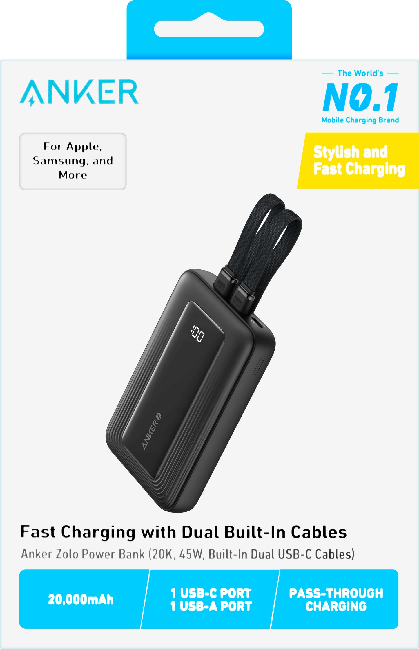 Zunanja baterija Anker Zolo, 20000mAh, 45W, QC + PD, 1 x USB-A - 3 x USB-C, Črna A1681H12