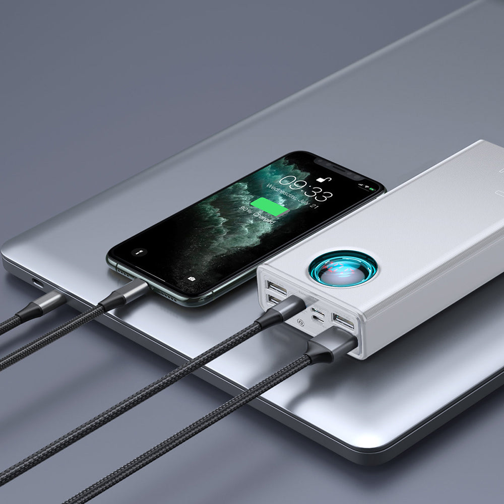 Zunanja baterija Baseus Amblight Digital Display, 30000mAh, 65W, QC + PD, 1 x USB-C - 4 x USB-A, Bela PPLG000102
