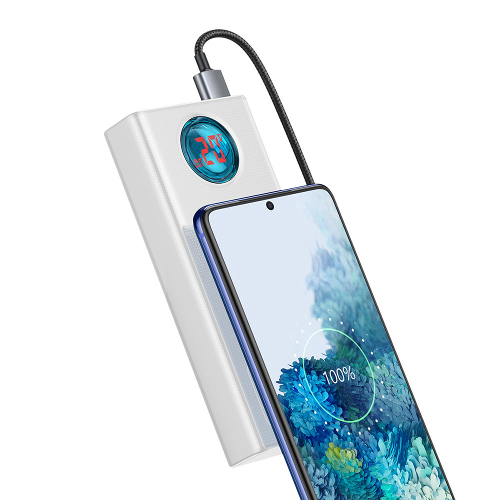 Zunanja baterija Baseus Amblight Digital Display, 30000mAh, 65W, QC + PD, 1 x USB-C - 4 x USB-A, Bela PPLG000102
