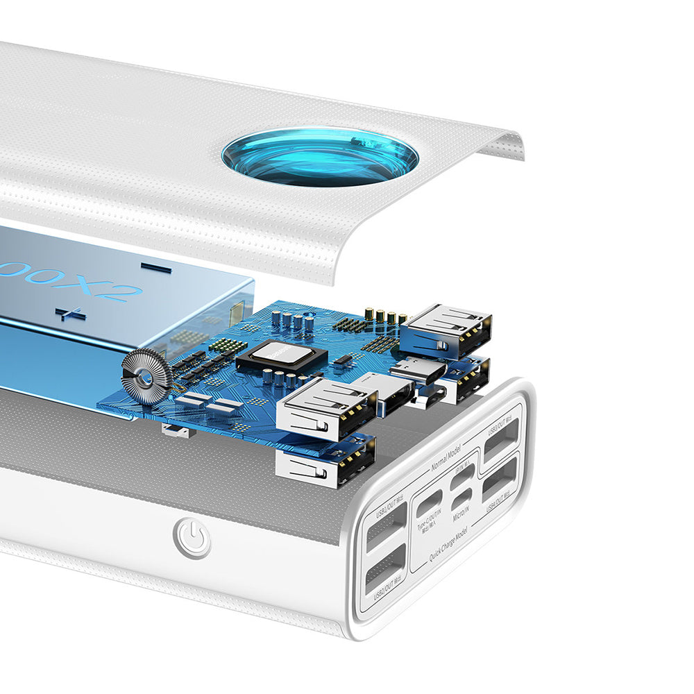 Zunanja baterija Baseus Amblight Digital Display, 30000mAh, 65W, QC + PD, 1 x USB-C - 4 x USB-A, Bela PPLG000102