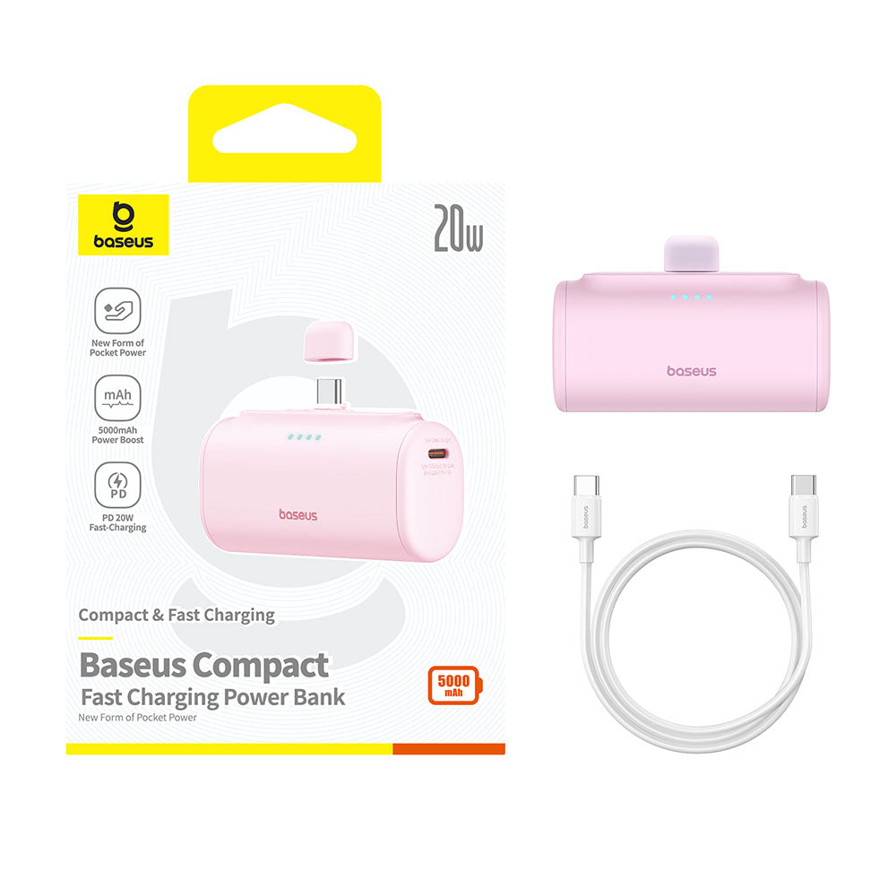 Zunanja baterija Baseus Compact, 5000mAh, 20W, PD, 2 x USB-C, Roza P10068306413-00