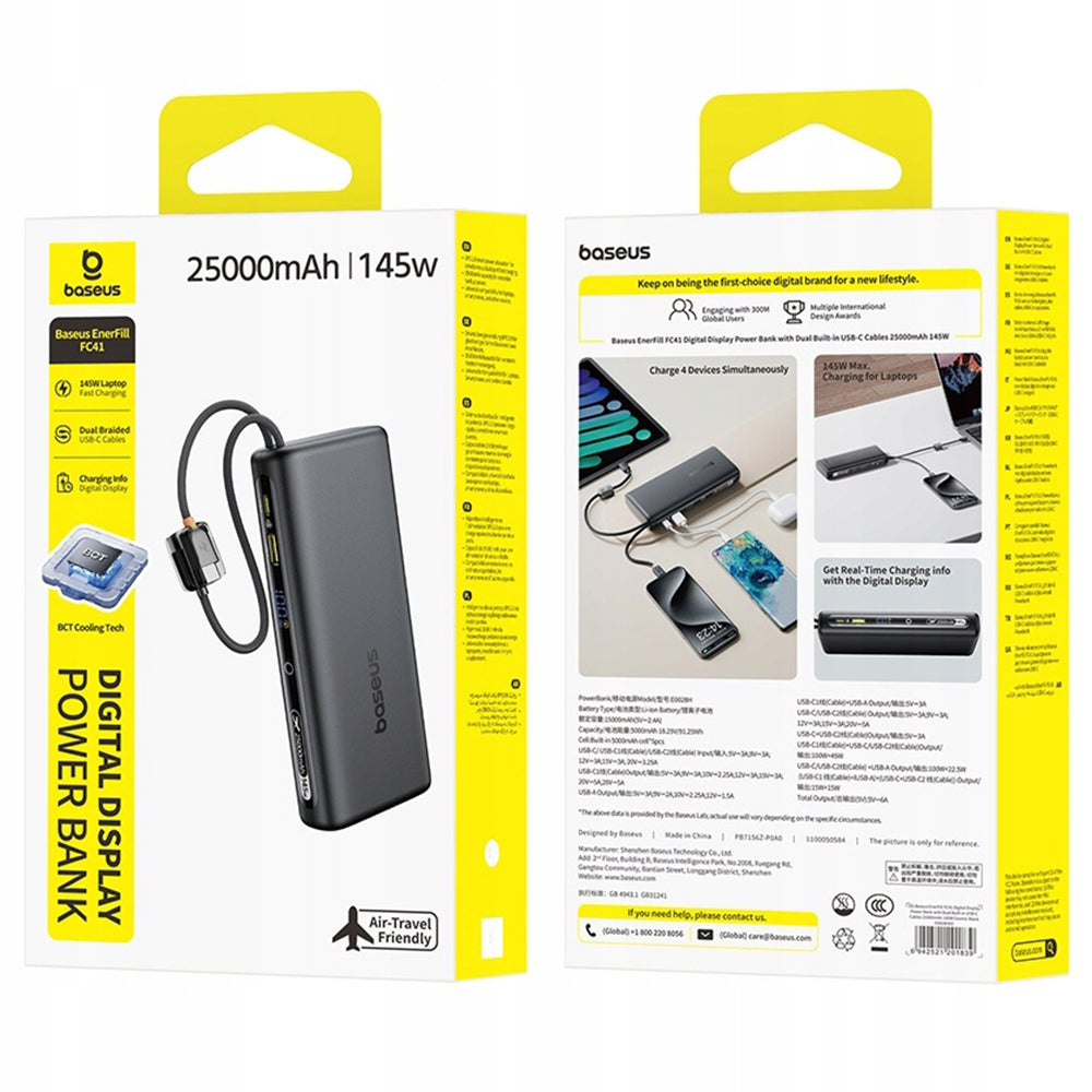 Zunanji akumulator Baseus EnerFill FC41, 25000mAh, 145W, QC + PD, 1 x USB-A - 3 x USB-C, Črn E0028H03