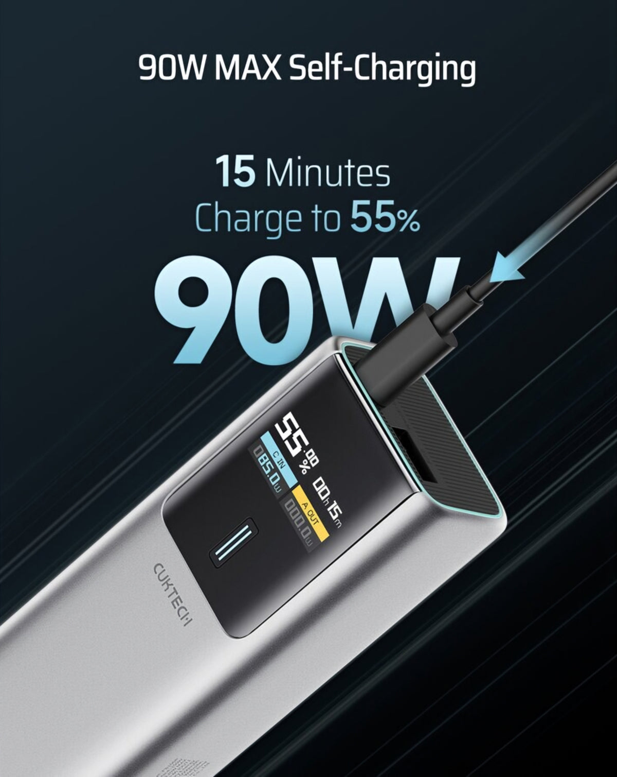 Zunanji akumulator Cuktech, 10000mAh, 150W, QC + PD, 1 x USB-A - 1 x USB-C, Siva CKPB100PGLBK