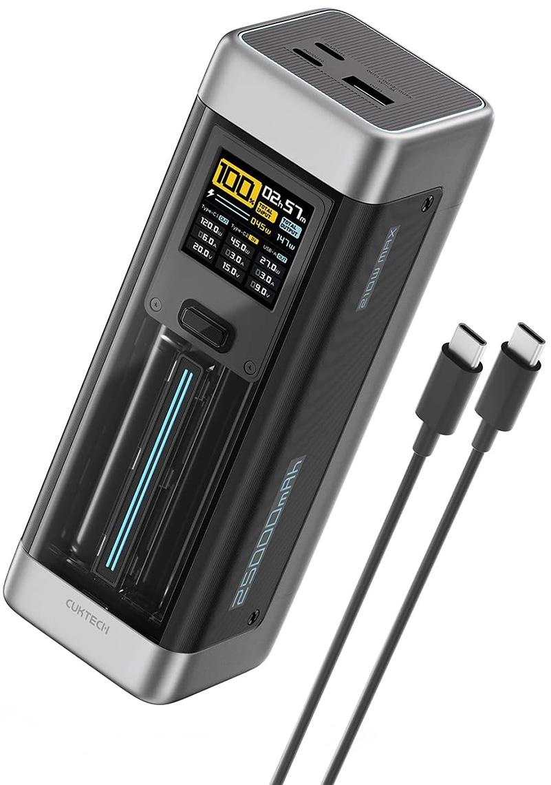Zunanja baterija Cuktech, 25000mAh, 210W, QC + PD, 1 x USB-A - 2 x USB-C, Črna CUK00P23GLBK