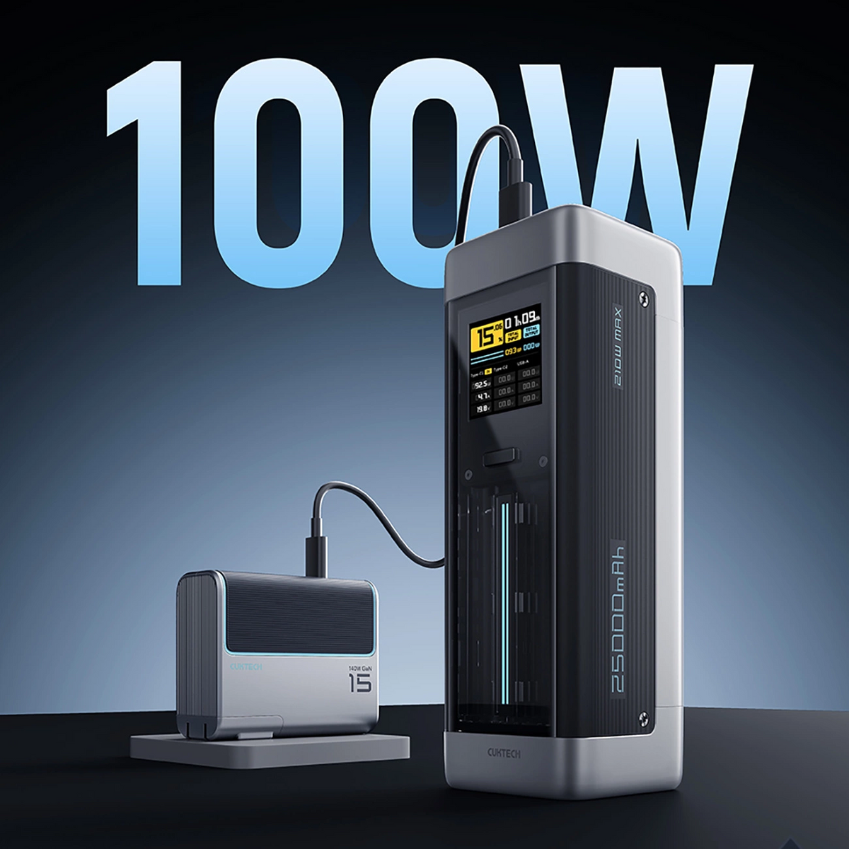 Zunanja baterija Cuktech, 25000mAh, 210W, QC + PD, 1 x USB-A - 2 x USB-C, Črna CUK00P23GLBK