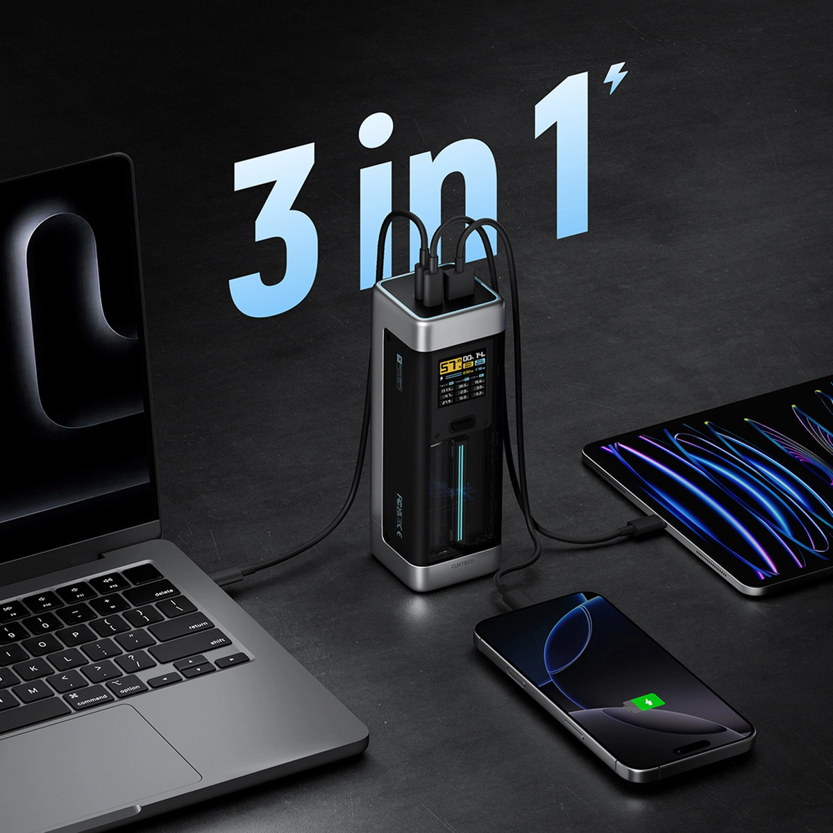 Zunanja baterija Cuktech, 25000mAh, 210W, QC + PD, 1 x USB-A - 2 x USB-C, Črna CUK00P23GLBK
