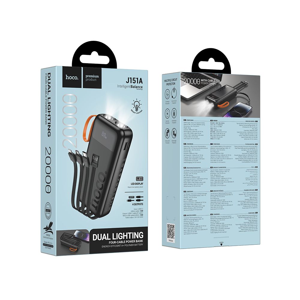 Zunanji baterijski vir HOCO J151A, 20000mAh, 10W, 1 x Lightning - 1 x microUSB - 1 x USB-A - 1 x USB-C, Črna