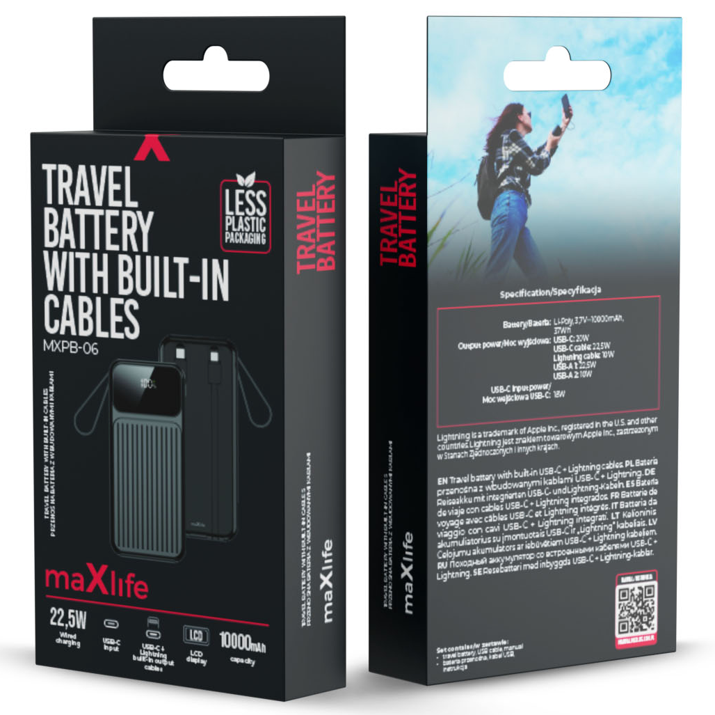 Zunanja baterija MaXlife MXPB-06, 10000mAh, 22.5W, QC + PD, 1 x Lightning - 2 x USB-A - 2 x USB-C, Črna