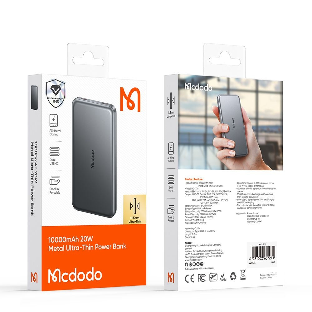 Zunanja baterija McDodo MC-3781 Meta, 10000mAh, 20W, PD, 2 x USB-C, črna