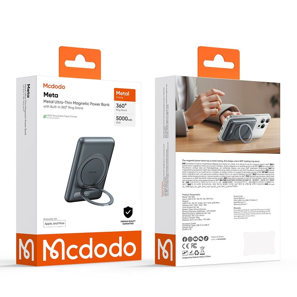 Zunanja baterija Wireless McDodo MC-8361 Meta, 5000mAh, 20W, PD + FQI, 1 x QI - 1 x USB-C, Siva