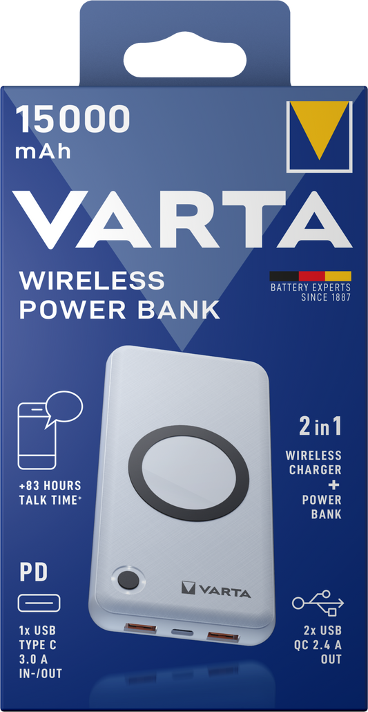 Varta Energy brezžična zunanja baterija, 15000 mAh, 18 W, QC + PD + FQI, 1 x QI - 1 x USB-C - 2 x USB-A, bela