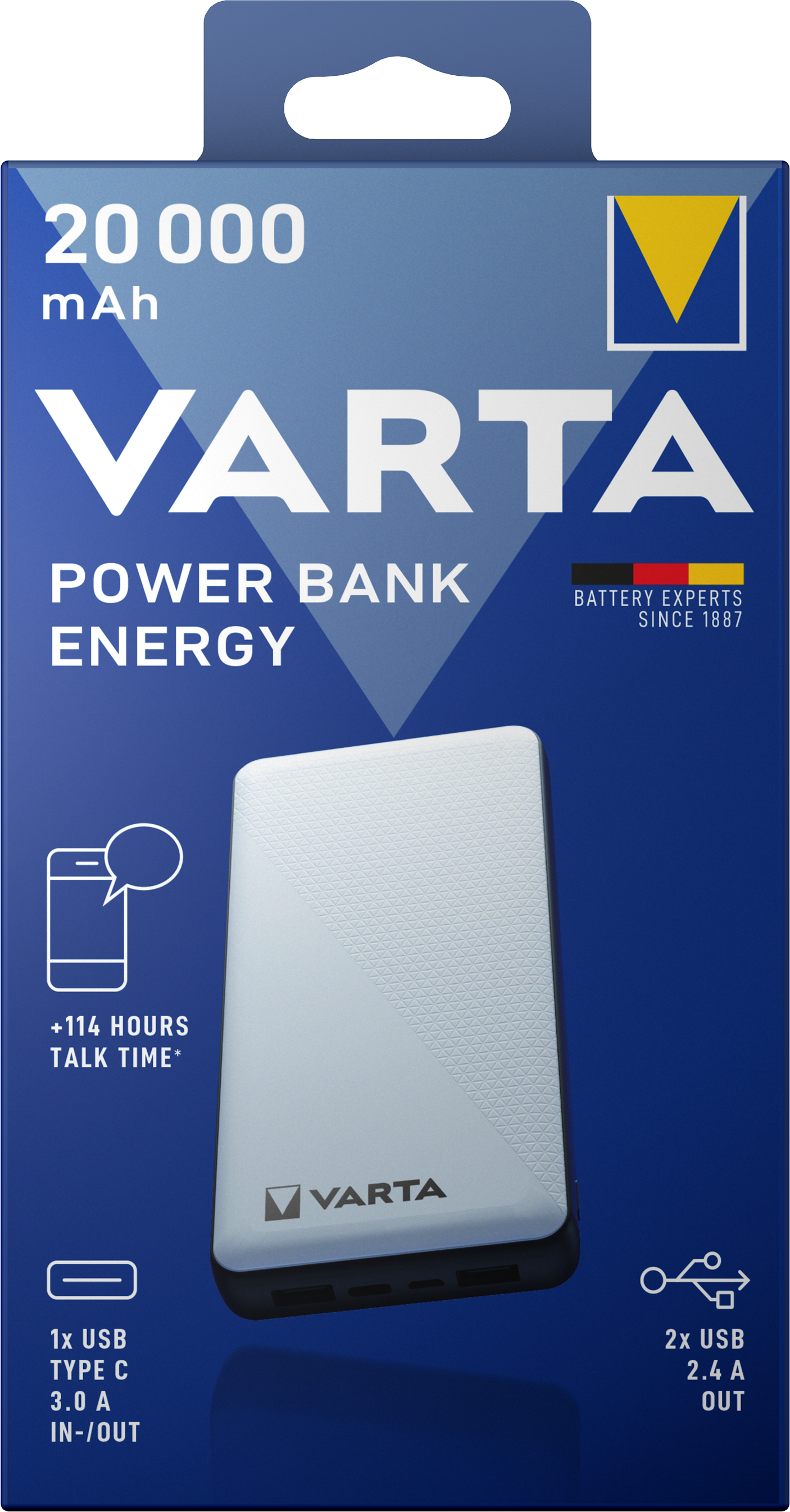 Zunanja baterija Varta Energy, 20000 mAh, 15 W, 2 x USB-A - 1 x USB-C, bela