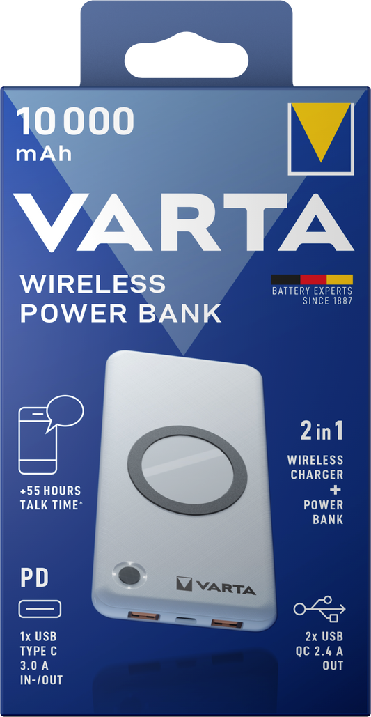 Brezžična zunanja baterija Varta Energy, 10000 mAh, 18 W, QC + PD + FQI, 1 x QI - 1 x USB-C - 2 x USB-A, bela