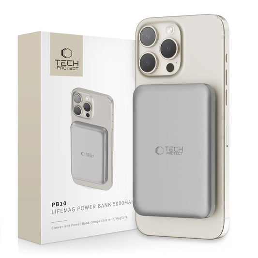 Tech-Protect PB10 LifeMag brezžična zunanja baterija, 5000 mAh, 15 W, PD + FQI, 1 x QI - 1 x USB-C, siva