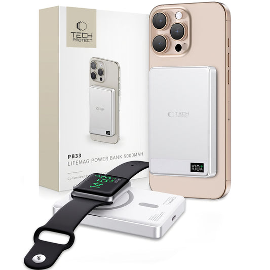 Tech-Protect PB33 LifeMag brezžična zunanja baterija, 5000 mAh, 15 W, FQI, 1 x QI - 1 x USB-C, siva