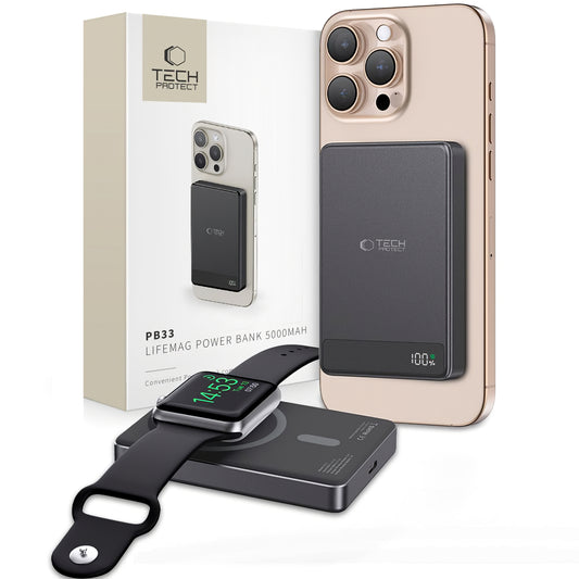 Tech-Protect PB33 LifeMag brezžična zunanja baterija, 5000 mAh, 15 W, FQI, 1 x QI - 1 x USB-C, črna