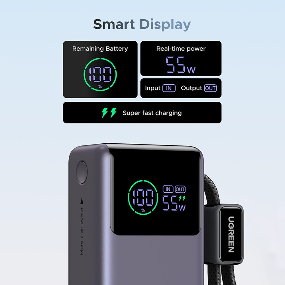 Zunanji akumulator UGREEN Nexode Pro PB727 (85301B), 10000mAh, 55W, QC + PD, 1 x USB-A - 2 x USB-C, Siva