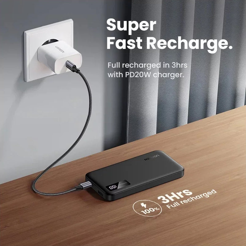Zunanja baterija UGREEN PB311, 10000mAh, 22.5W, QC + PD, 1 x USB-C - 2 x USB-A, Črna