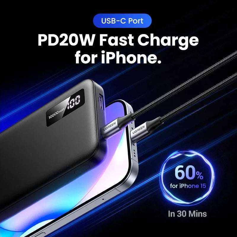 Zunanja baterija UGREEN PB311, 10000mAh, 22.5W, QC + PD, 1 x USB-C - 2 x USB-A, Črna
