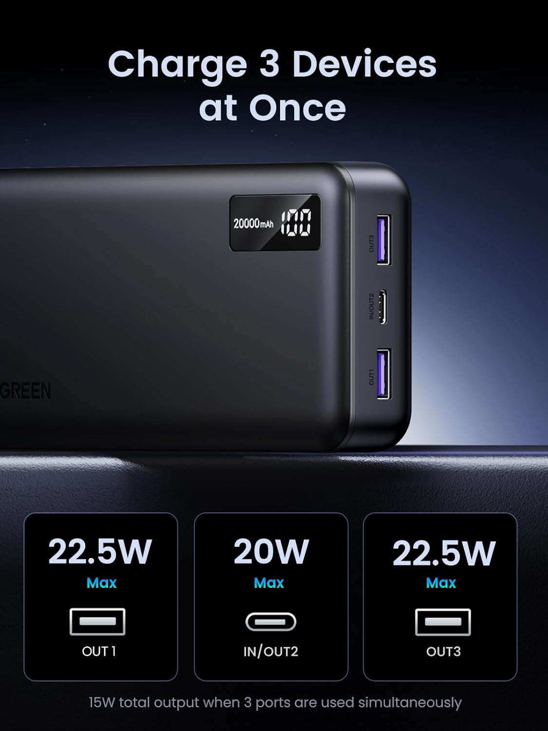 Zunanja baterija UGREEN PB312, 20000mAh, 22.5W, QC + PD, 1 x USB-C - 2 x USB-A, Črna