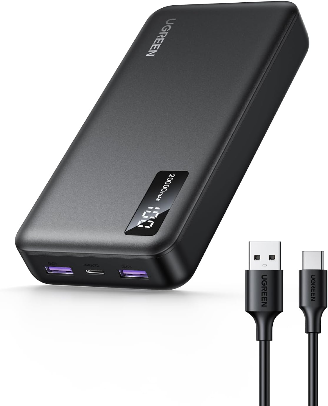 Zunanja baterija UGREEN PB312, 20000mAh, 22.5W, QC + PD, 1 x USB-C - 2 x USB-A, Črna