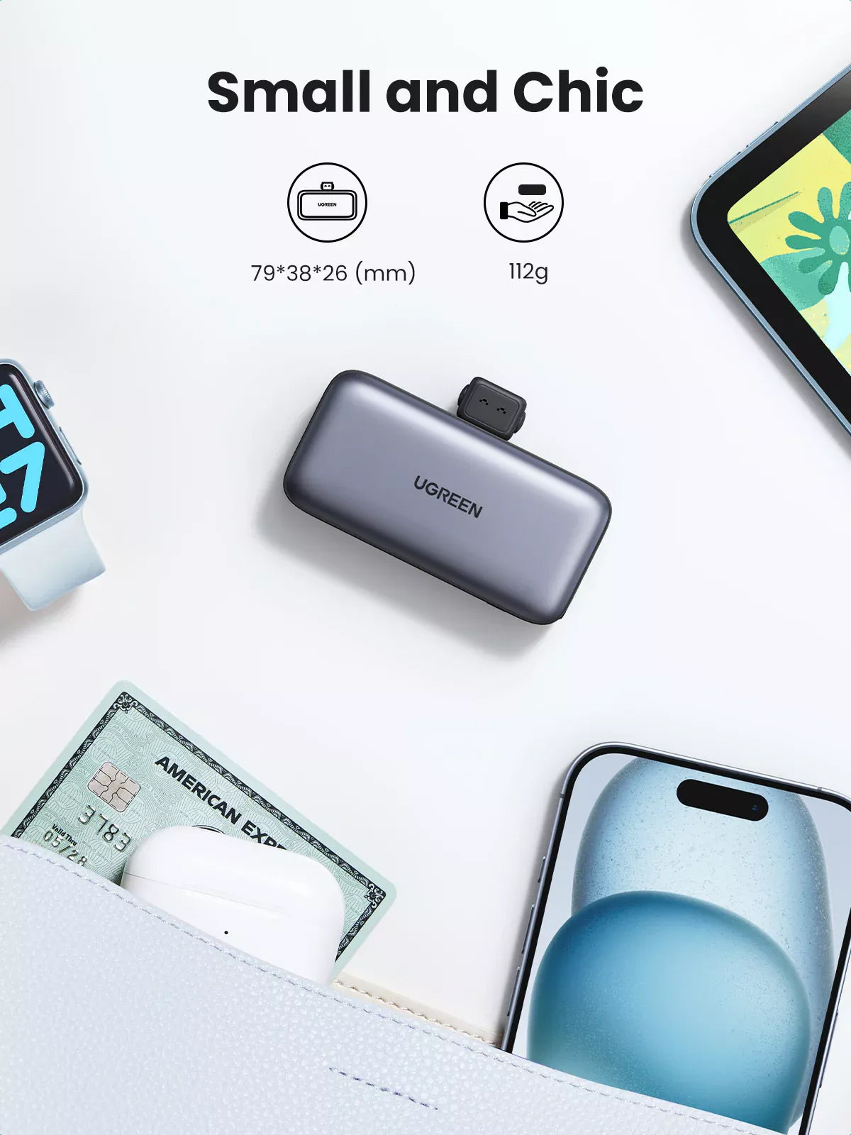 Zunanja baterija UGREEN PB503, 5000mAh, 22.5W, PD, 1 x USB-C, Siva