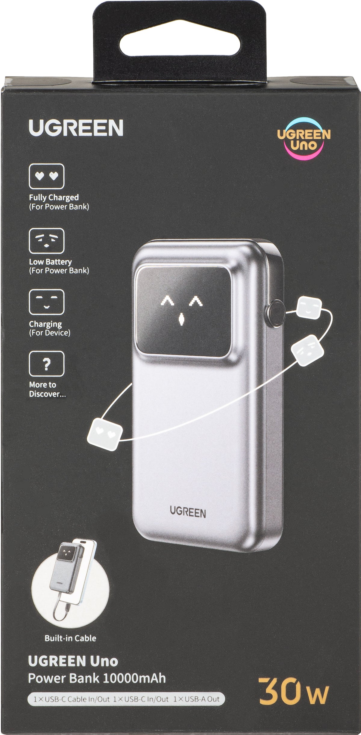 Zunanja baterija UGREEN PB511 Uno, 10000mAh, 30W, QC + PD, 1 x USB-A - 2 x USB-C, Siva