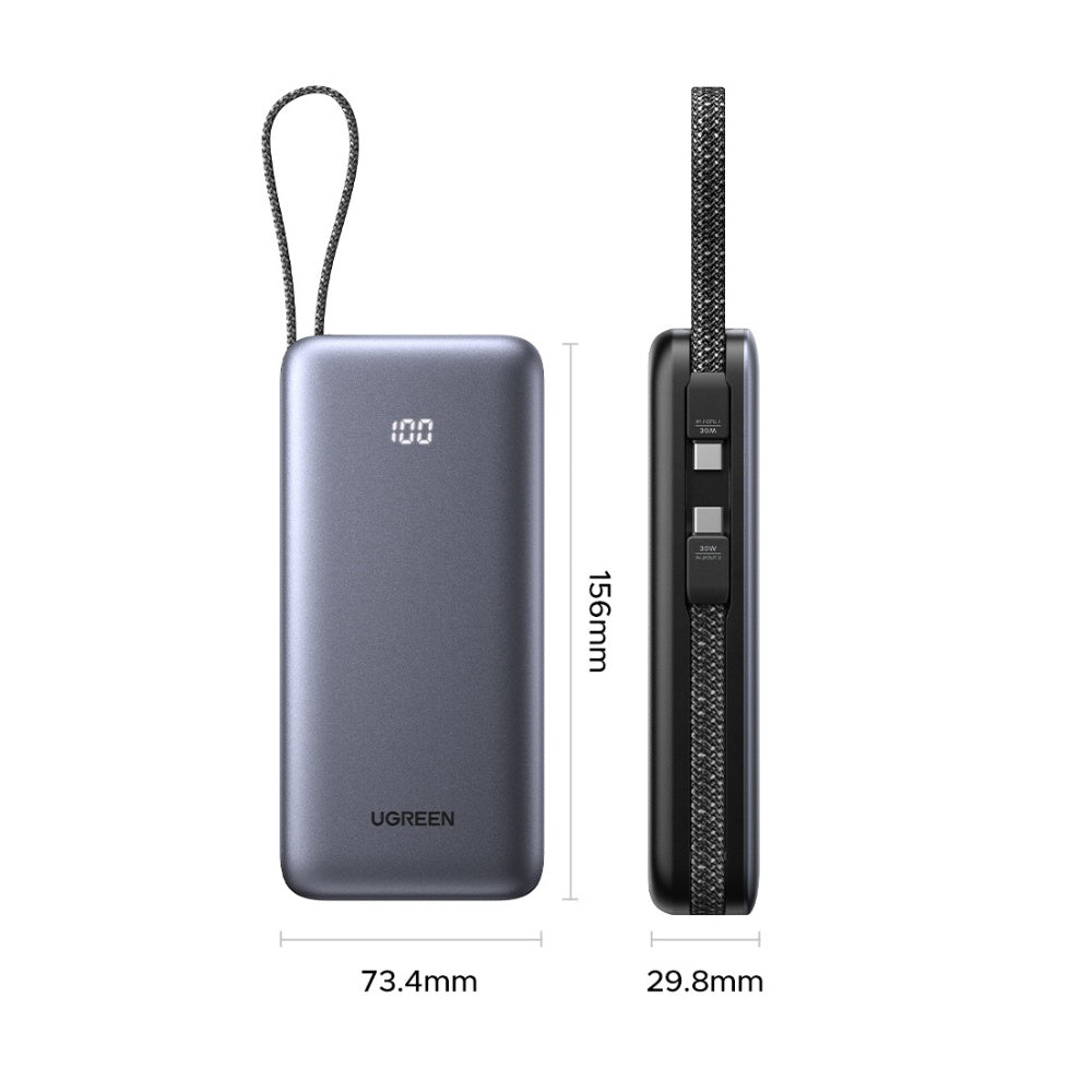 Zunanja baterija UGREEN PB528 (55985B), 20000mAh, 30W, QC + PD, 1 x USB-A - 3 x USB-C, Siva