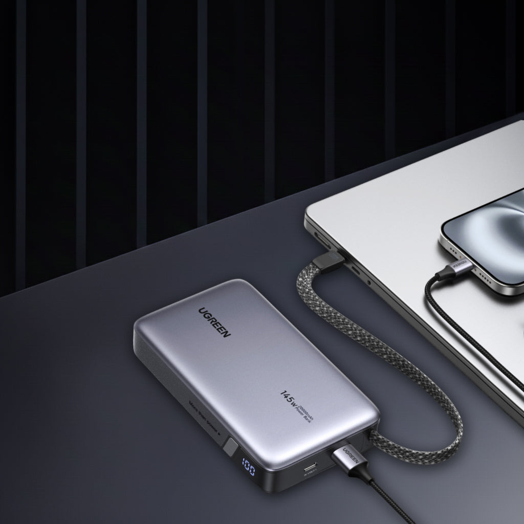 Zunanja baterija UGREEN PB551 (55992), 20000mAh, 145W, QC + PD, 1 x USB-A - 2 x USB-C, Siva