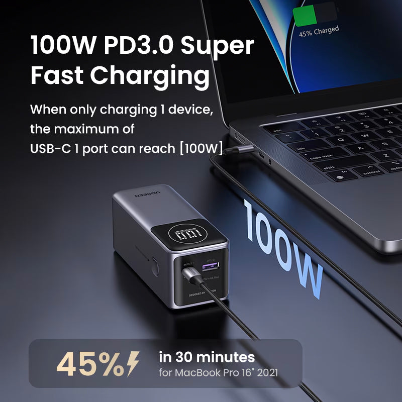 UGREEN PB724 External Battery, 12000mAh, 100W, QC + PD, 1 x USB-A - 1 x USB-C, Gray