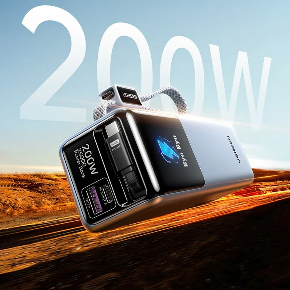 Zunanji akumulator UGREEN PB728 (75702B), 25000mAh, 200W, QC + PD, 1 x USB-A - 3 x USB-C, Siva