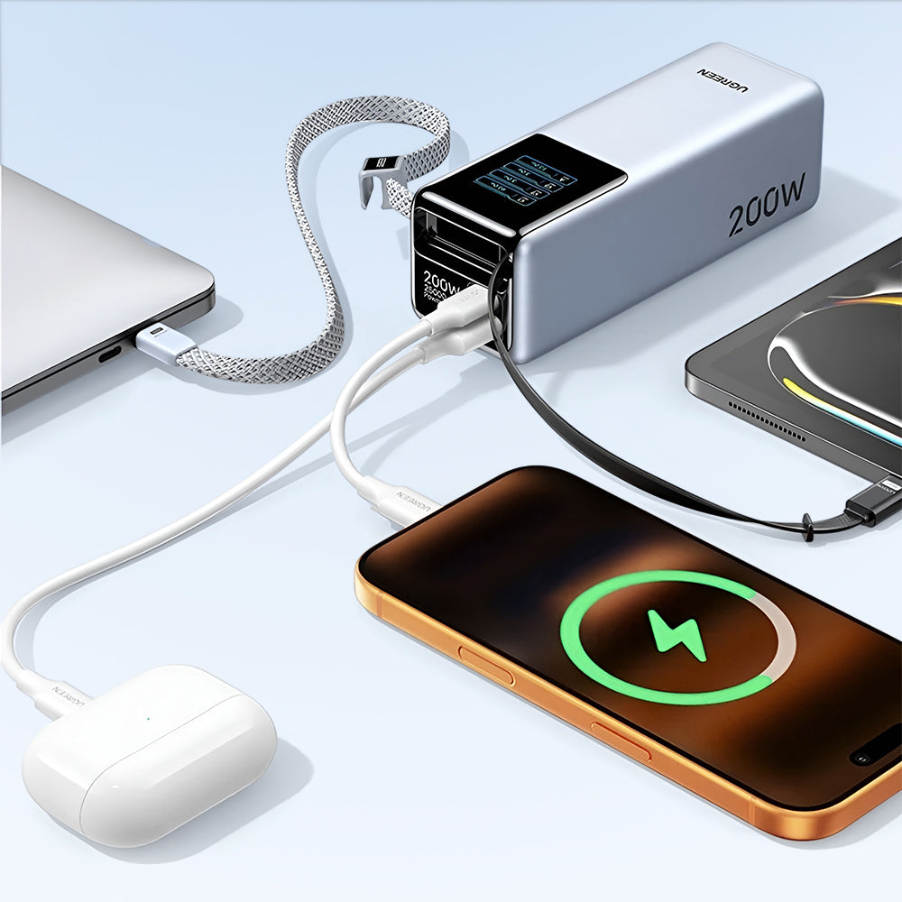 Zunanji akumulator UGREEN PB728 (75702B), 25000mAh, 200W, QC + PD, 1 x USB-A - 3 x USB-C, Siva