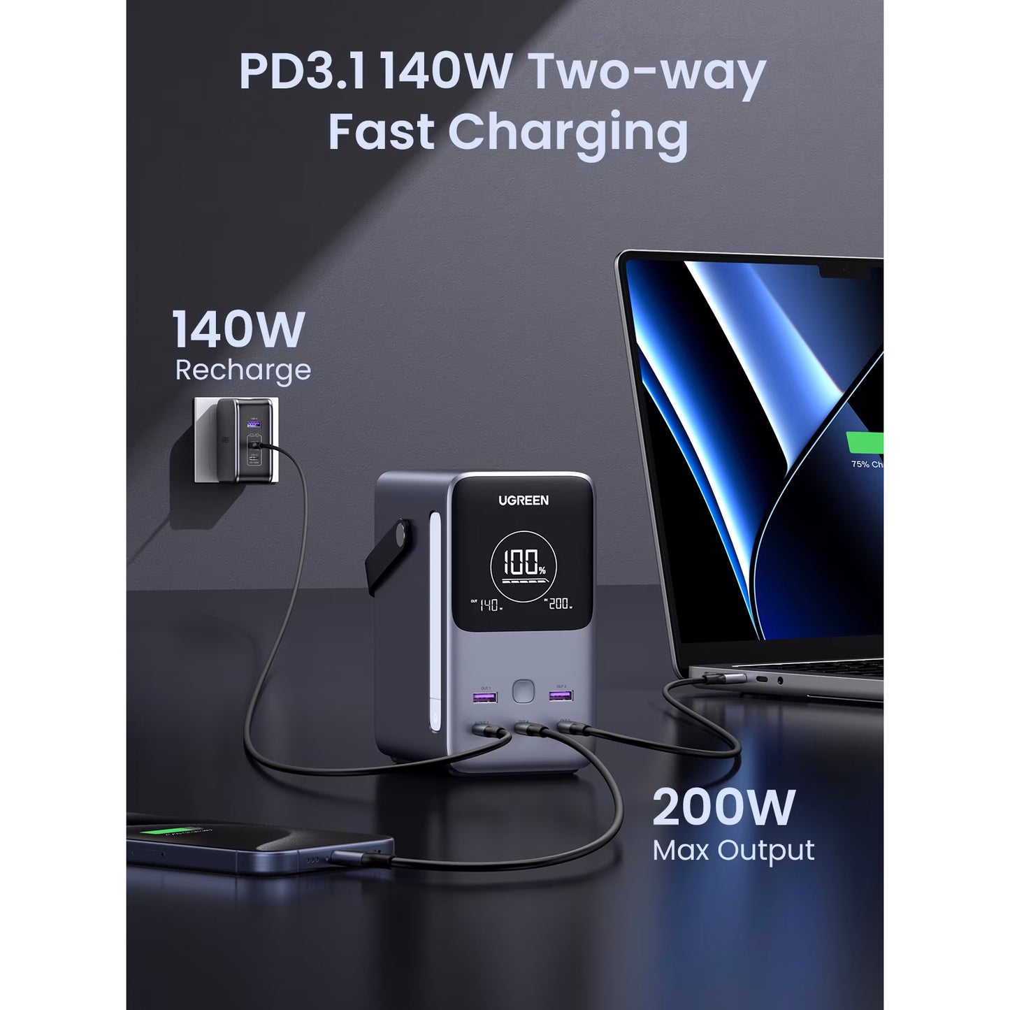 Zunanja baterija UGREEN PB770, 48000mAh, 300W, QC + PD, 2 x USB-A - 3 x USB-C, Siva