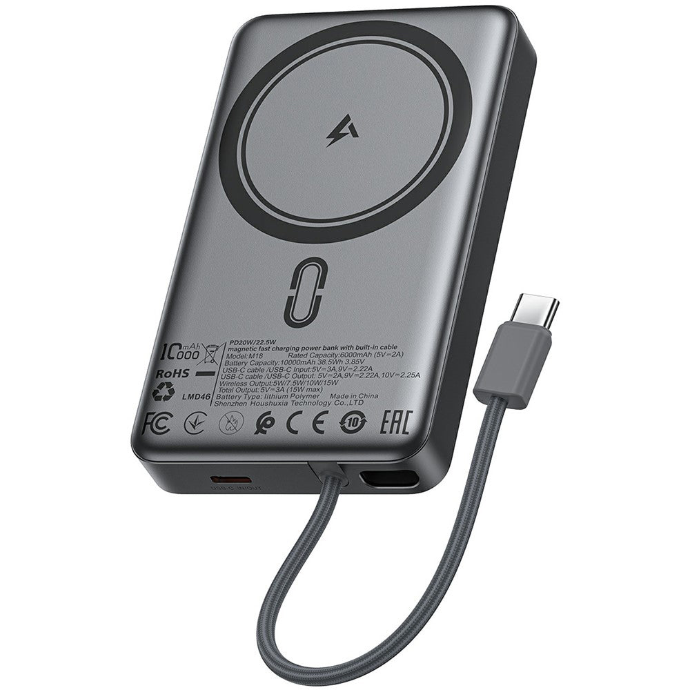 Zunanja baterija Acefast M18, 10000mAh, 22.5W, PD + FQI, 1 x QI - 2 x USB-C, črna