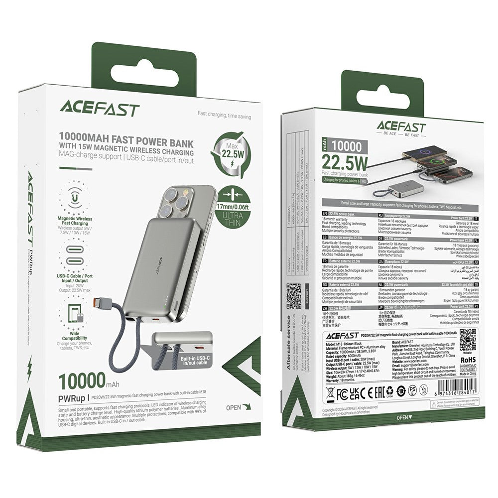 Zunanja baterija Acefast M18, 10000mAh, 22.5W, PD + FQI, 1 x QI - 2 x USB-C, črna