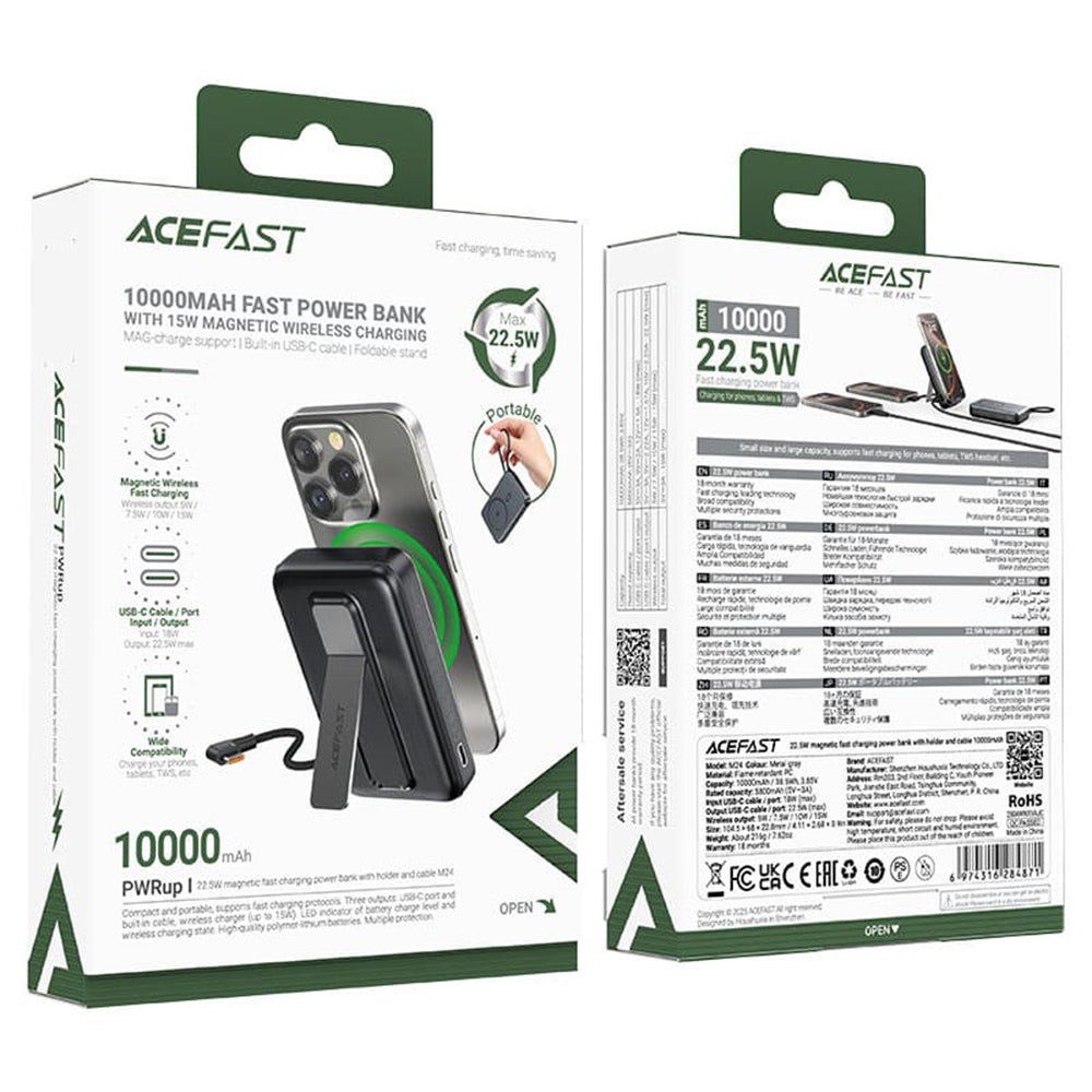 Zunanja baterija Acefast M24, 10000mAh, 22.5W, PD + FQI, 1 x QI - 2 x USB-C, siva