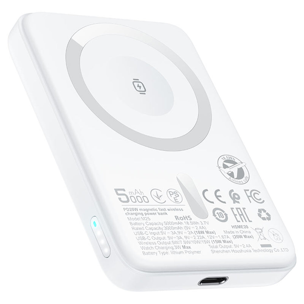 Zunanja baterija Acefast M25, 5000mAh, 20W, PD + FQI, 1 x QI - 1 x USB-C, Bela
