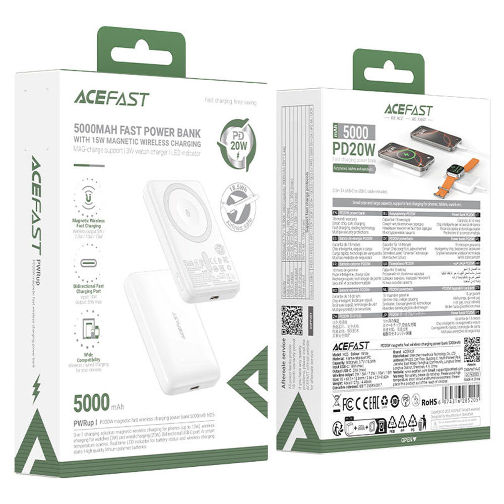Zunanja baterija Acefast M25, 5000mAh, 20W, PD + FQI, 1 x QI - 1 x USB-C, Bela